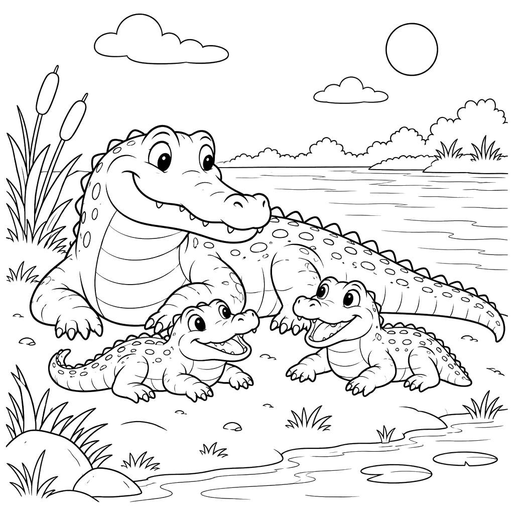 Alligator-Familie am Flussufer