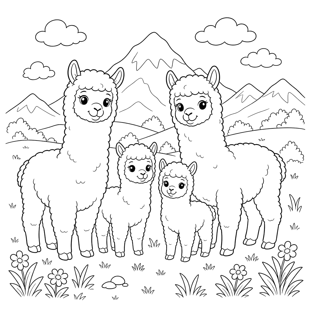Famille d'alpagas dans la montagne