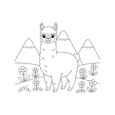 Coloriage Alpaga dans les montagnes fleuries