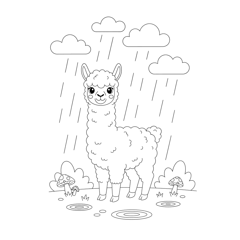 Ausmalbild Alpaka im leichten Regen