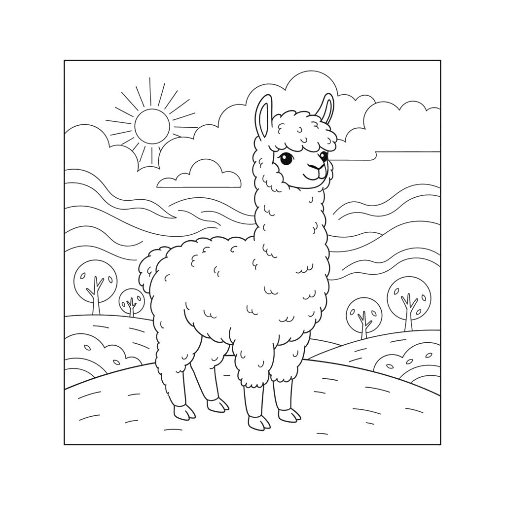 Alpaca in Misty Morning Coloring Page