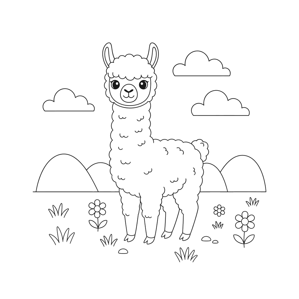 Cute Alpaca in a Meadow Coloring Page