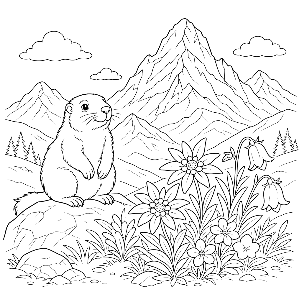 Desenho para colorir: paisagem alpina com flores de montanha