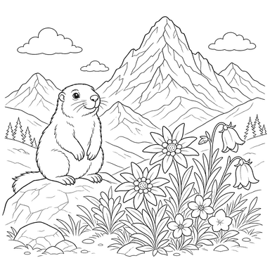 Ausmalbild: Alpenlandschaft mit Bergblumen