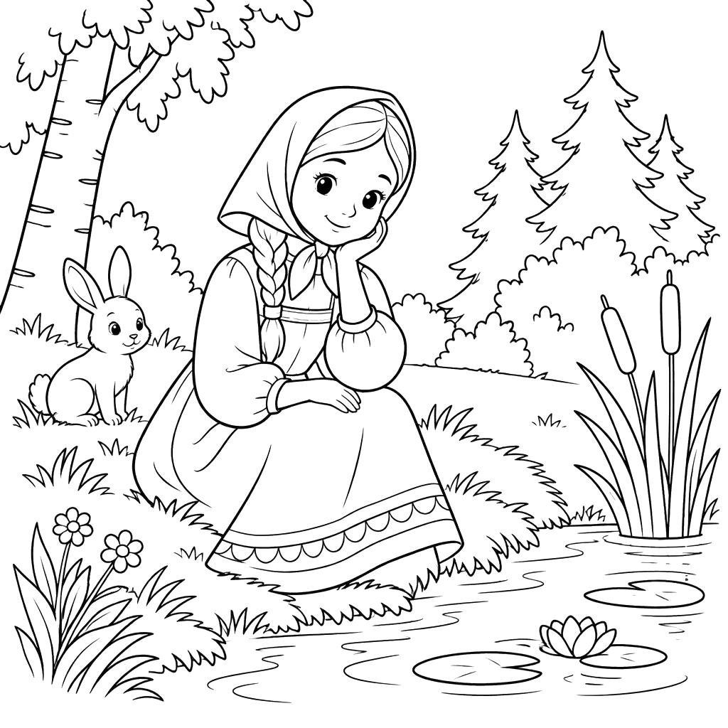 Alyonushka junto ao lago da floresta
