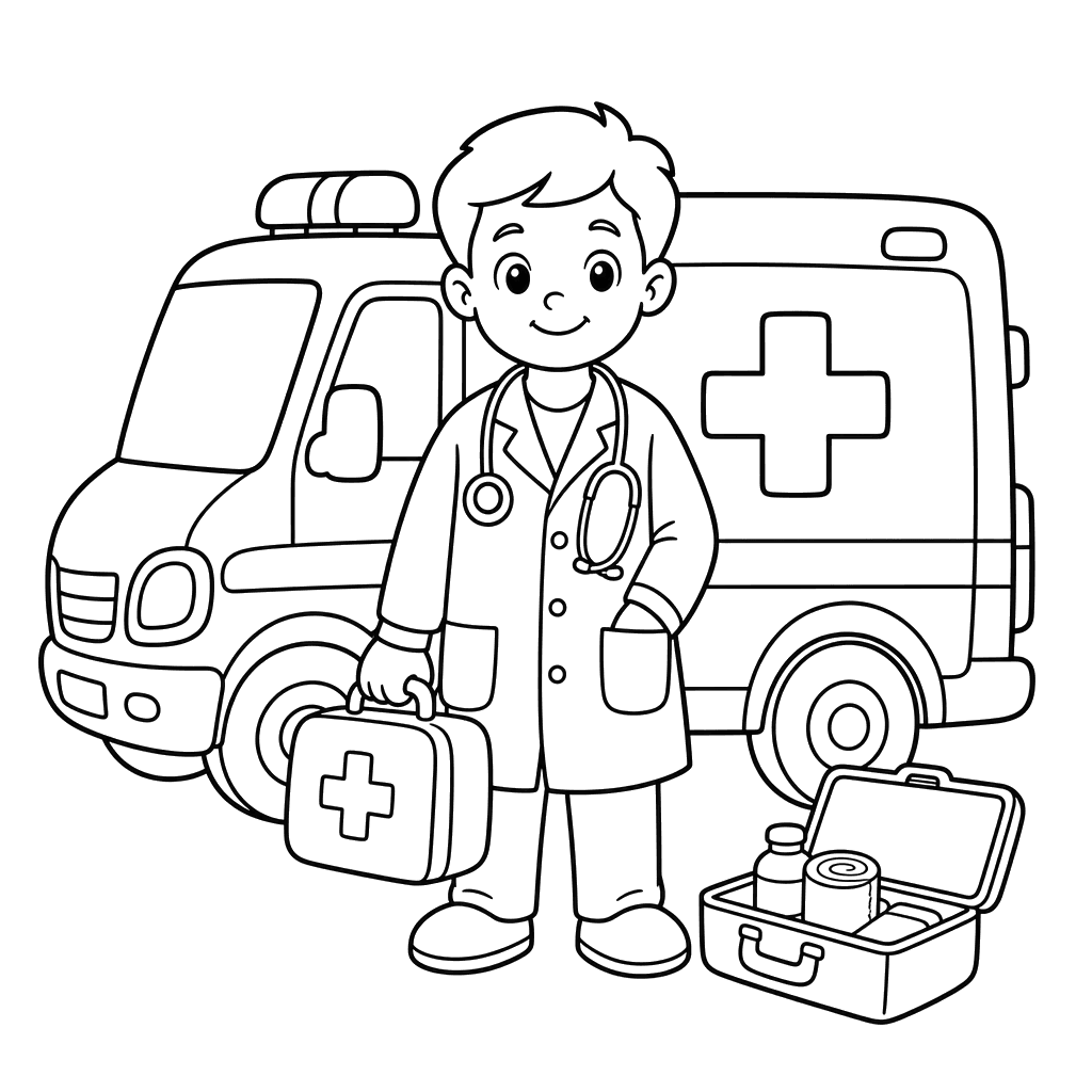 Médico de guardia en ambulancia – dibujo para colorear