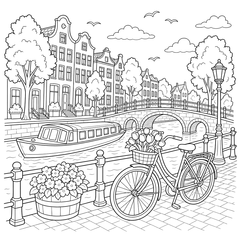 Dibujo para colorear de los Canales de Ámsterdam
