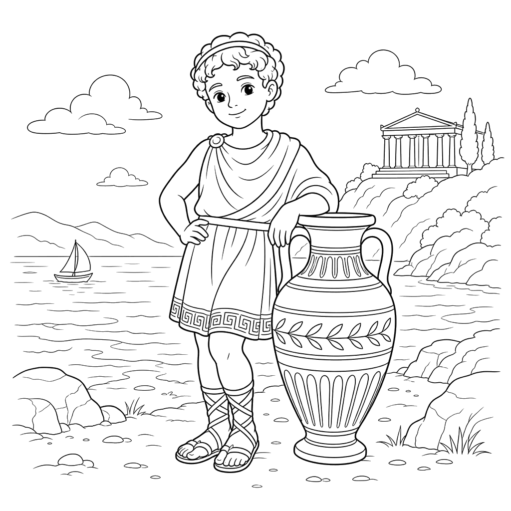 Grego antigo perto de uma ânfora à beira‑mar — desenho para colorir