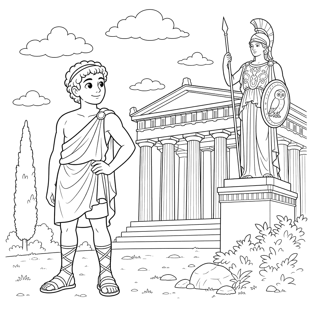 Grego antigo perto do templo de Atena — desenho para colorir