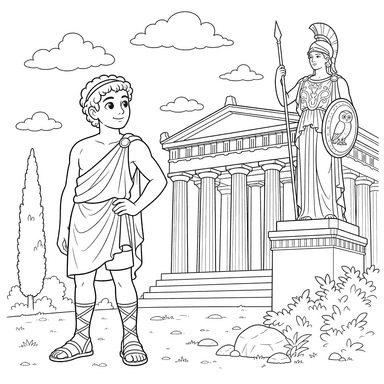 Grego antigo perto do templo de Atena — desenho para colorir