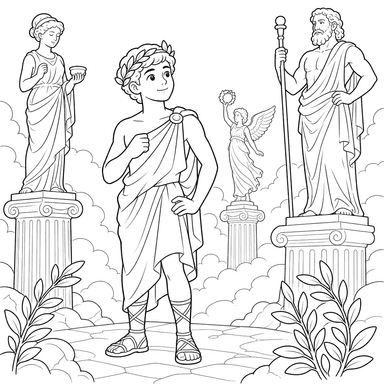 Ausmalbild: Antiker Grieche auf dem Olymp unter Statuen