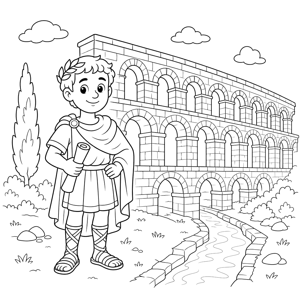 Romano antigo perto de um aqueduto — desenho para colorir
