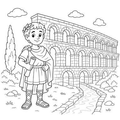 Romano antigo perto de um aqueduto — desenho para colorir