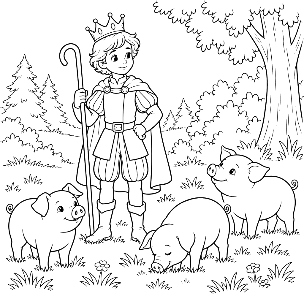Página para colorir do príncipe cuidando dos porcos