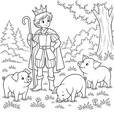 Página para colorir do príncipe cuidando dos porcos