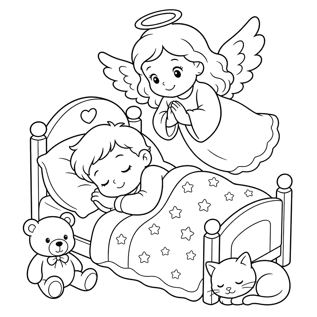 Ángel sobre niño dormido — dibujo para colorear
