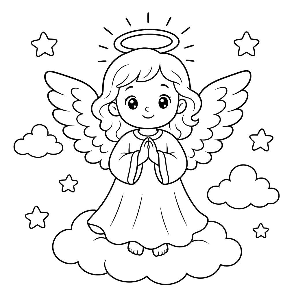 Ángel con halo brillante — dibujo para colorear