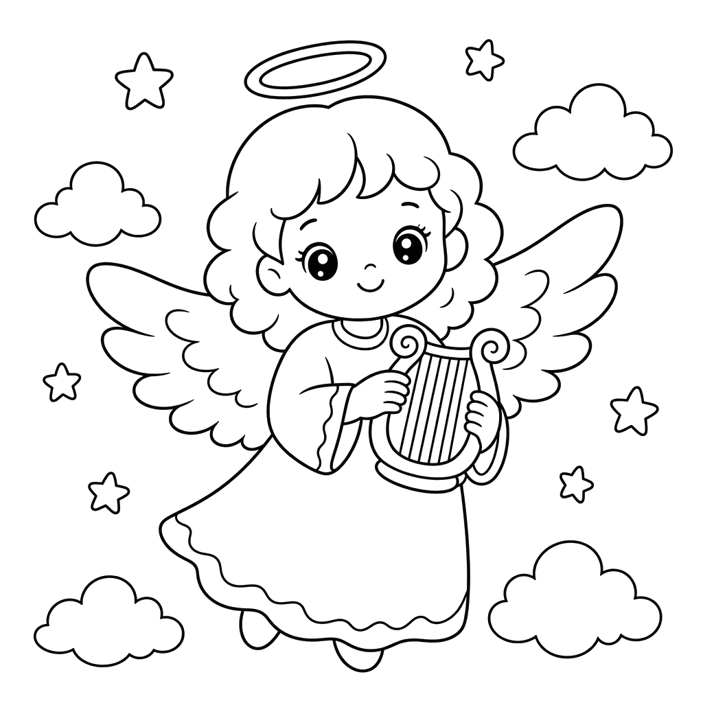 Ángel con pequeña arpa — dibujo para colorear
