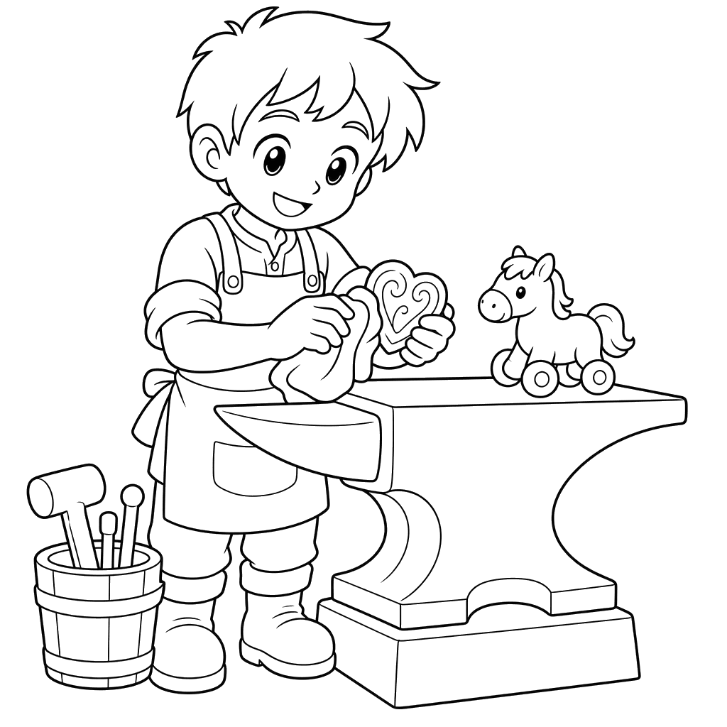 Ferreiro em estilo anime na bigorna — página para colorir