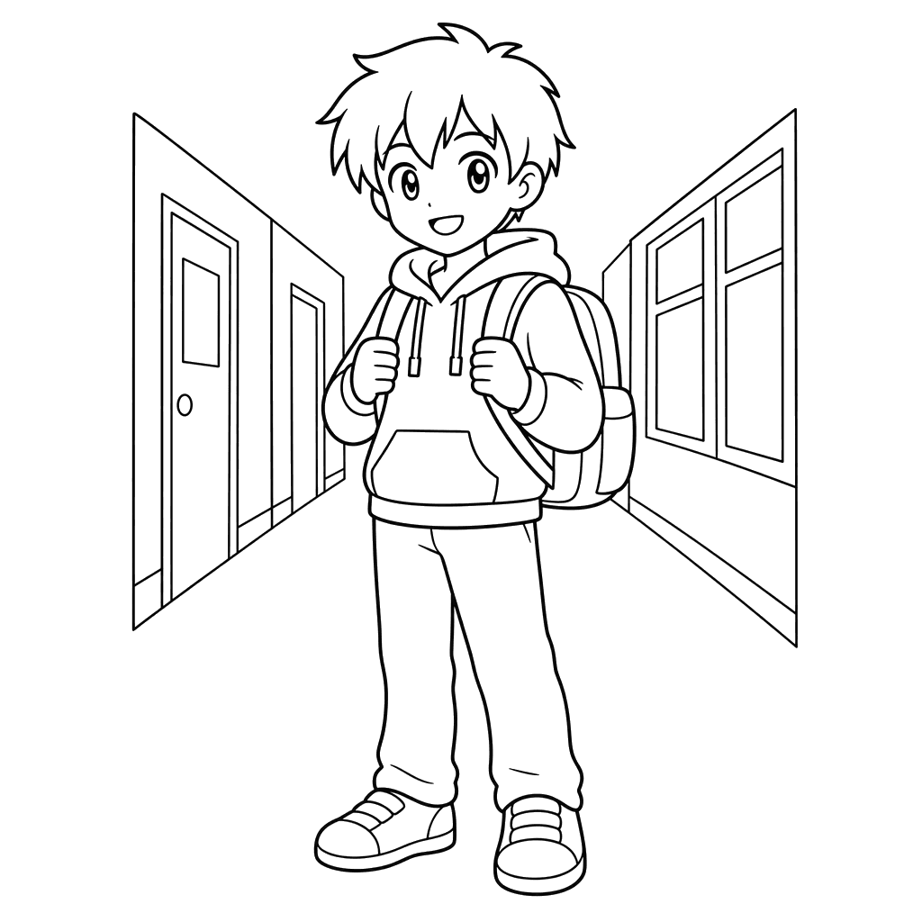 Dibujo para colorear chico anime con mochila