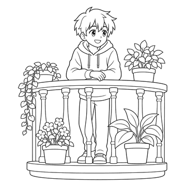 Desenho para colorir: menino anime na varanda