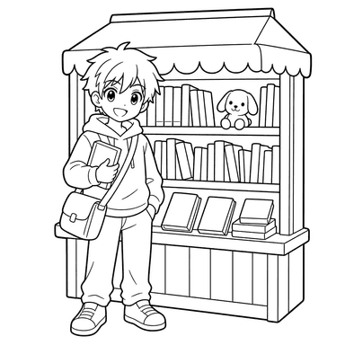 Garçon anime au kiosque à livres — coloriage