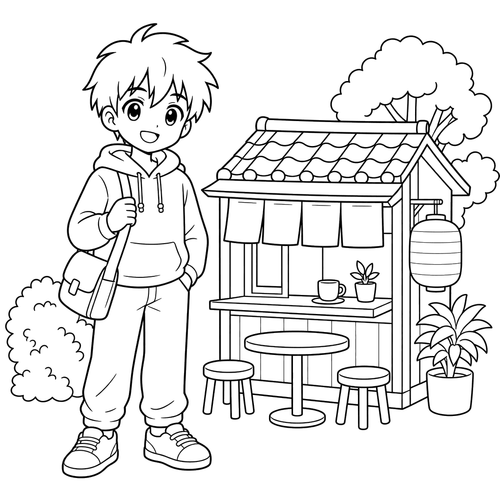 Anime-Junge am japanischen Café — Ausmalbild