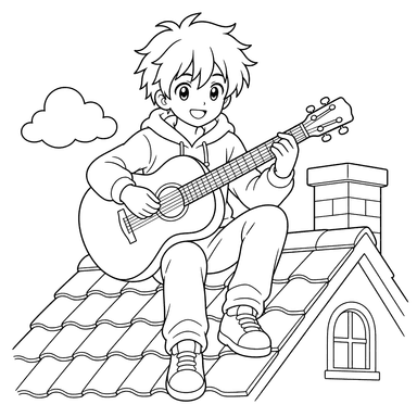 Coloriage : garçon manga sur un toit avec guitare