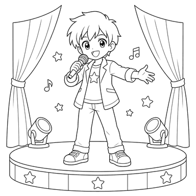 Garçon anime sur scène — coloriage