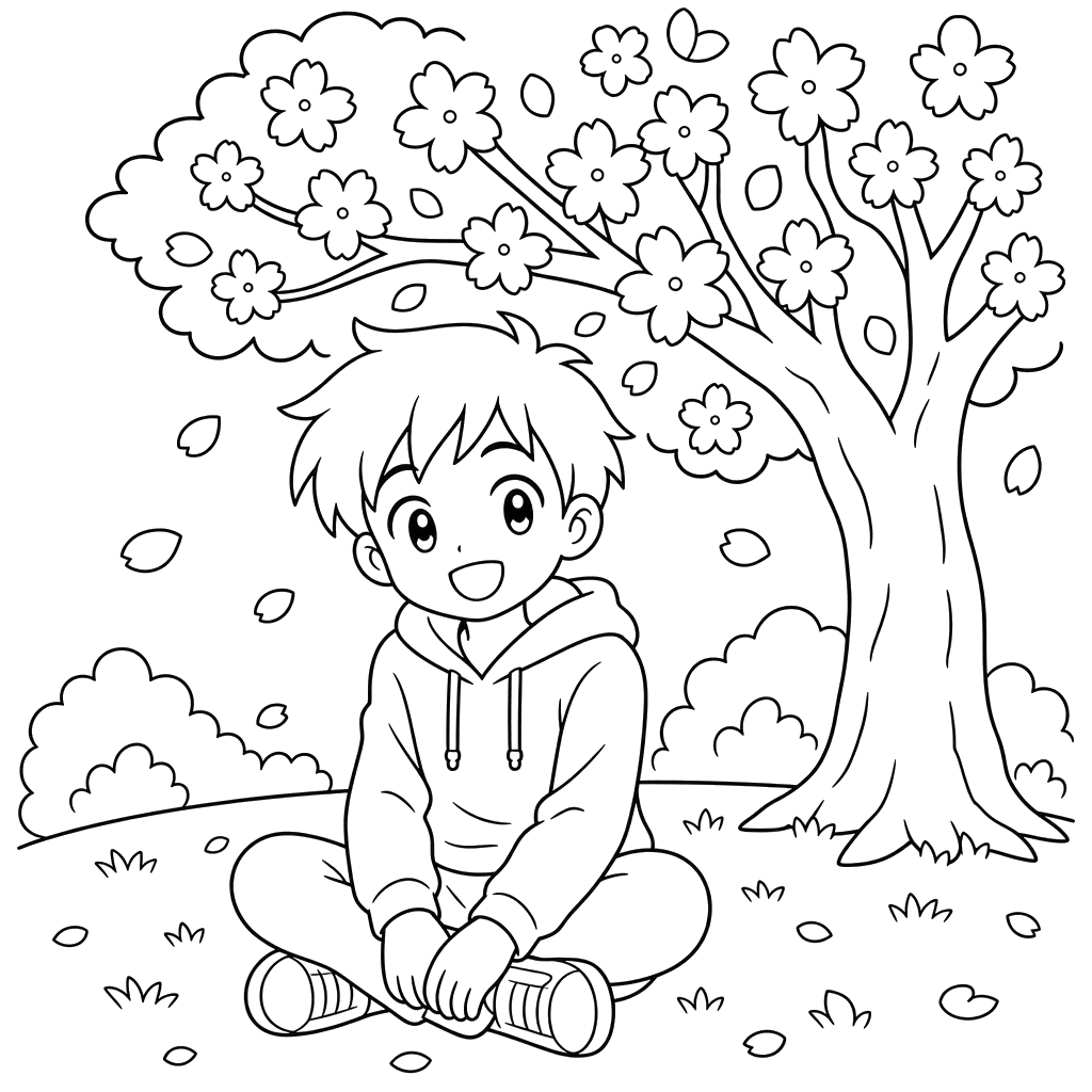 Ausmalbild: Anime-Junge unter Sakura