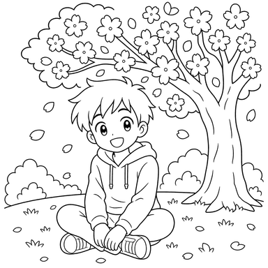 Desenho para colorir: menino anime sob sakura