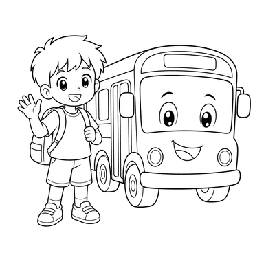 Garçon manga près du bus scolaire — coloriage