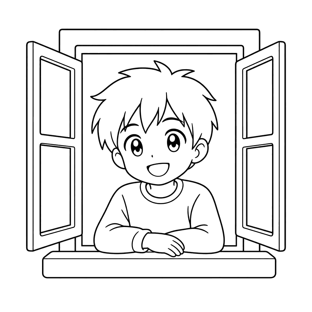 Chico anime en la ventana del colegio — dibujo para colorear