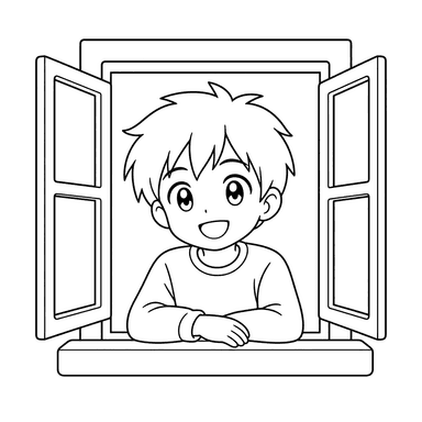 Anime-Junge am Schulfenster — Ausmalbild
