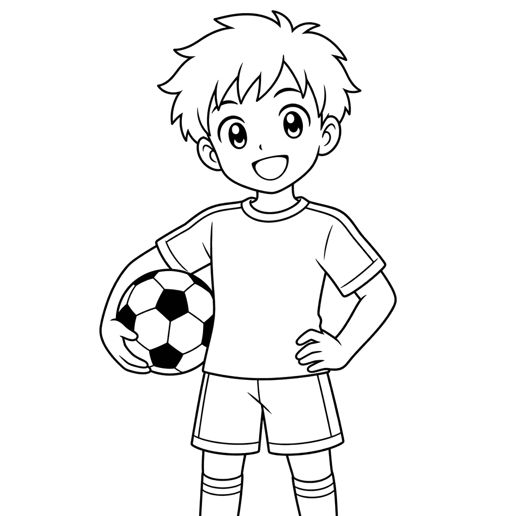 Garoto estilo anime com bola de futebol — página para colorir