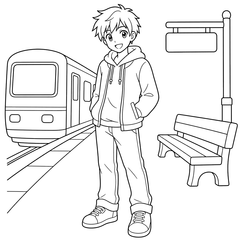 Chico anime en andén — dibujo para colorear