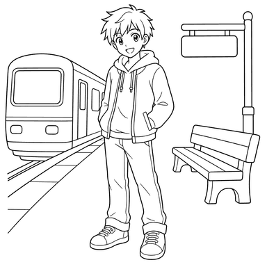 Garçon manga sur quai — coloriage