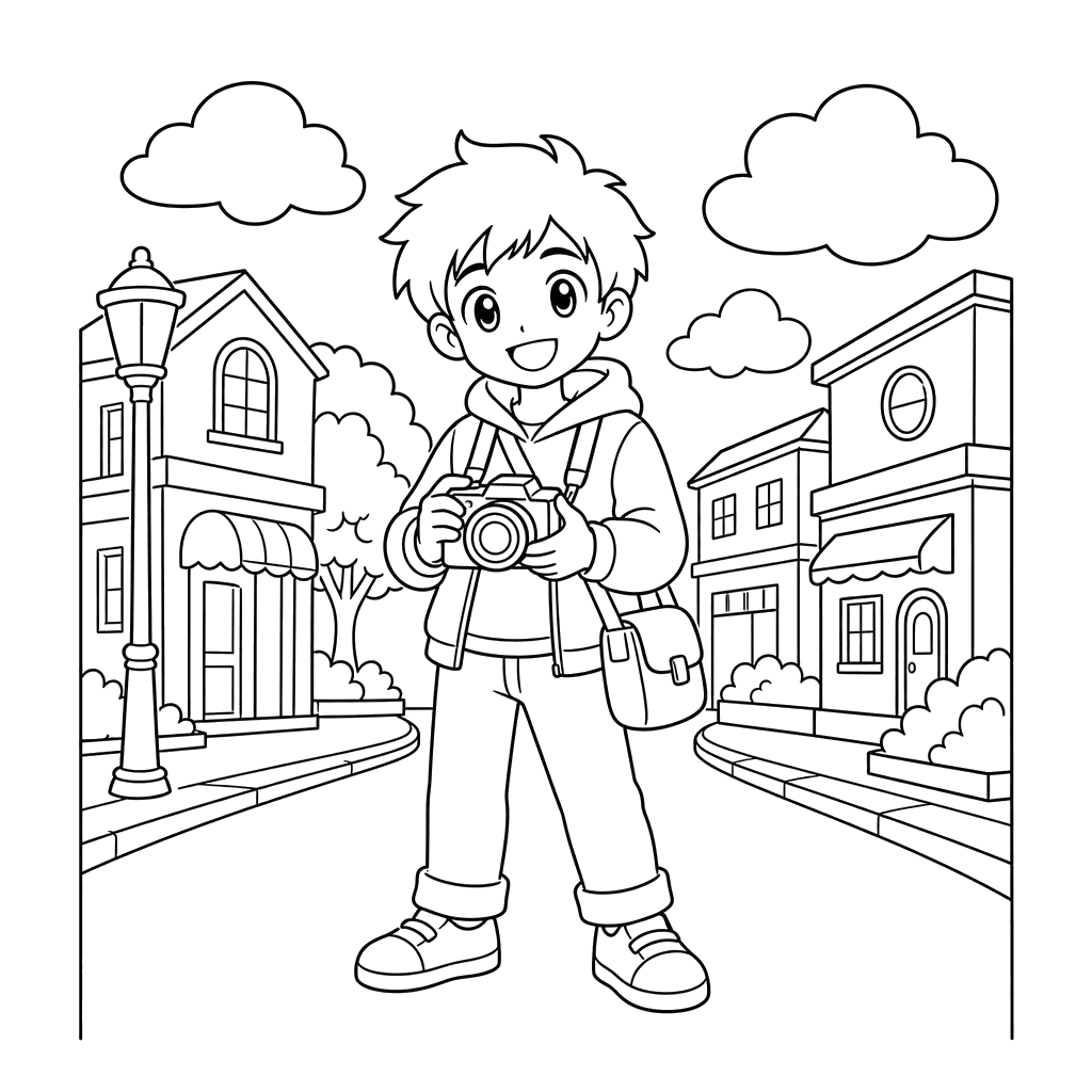 Garoto anime com câmera — desenho para colorir