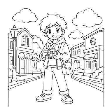 Garoto anime com câmera — desenho para colorir