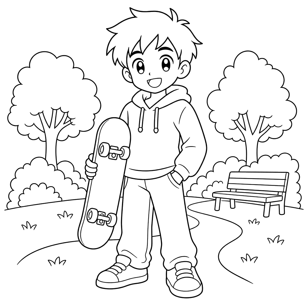Ausmalbild: Anime-Junge mit Skateboard