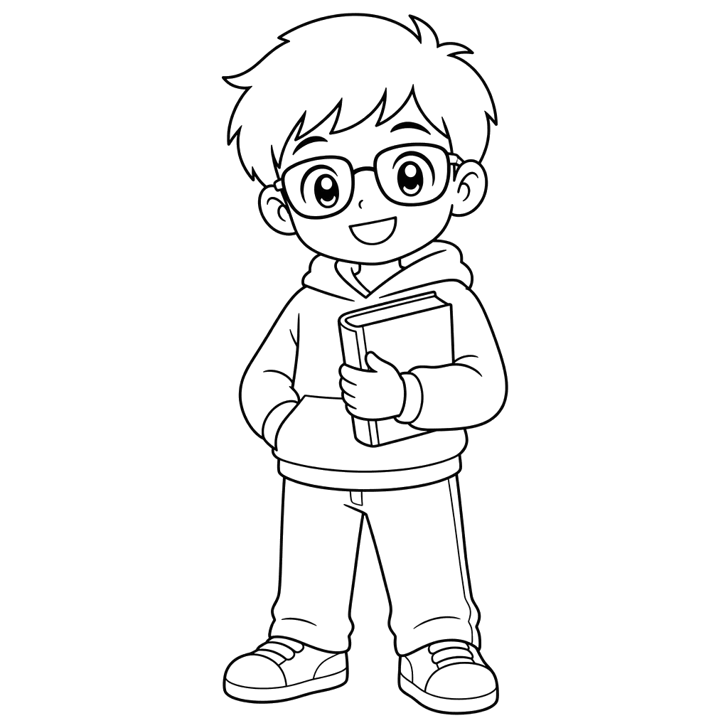 Anime-Junge mit Schulbuch und Brille Ausmalbild