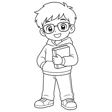 Menino anime com livro e óculos para colorir