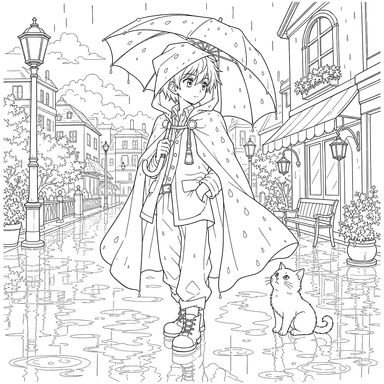 Anime-Charakter im Regen Ausmalbild
