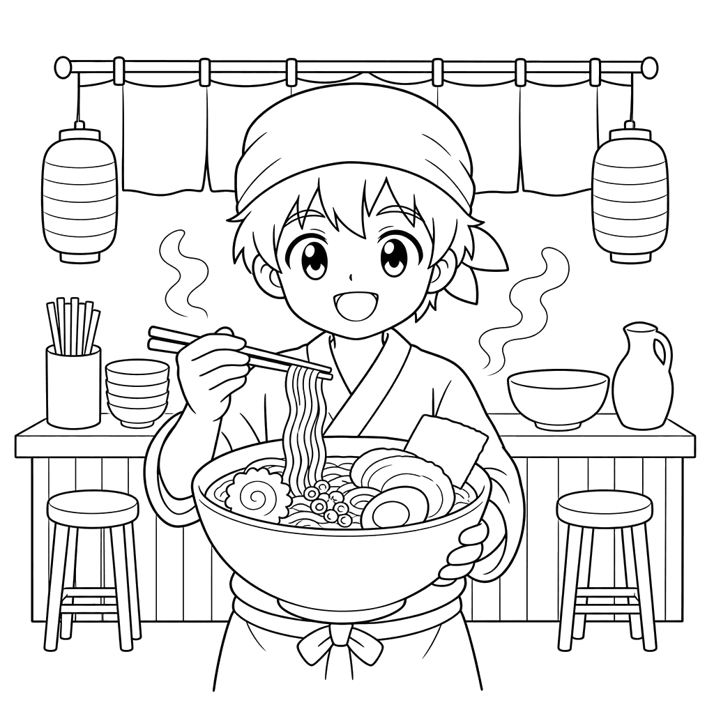 Anime-Koch in Ramenbude — Ausmalbild