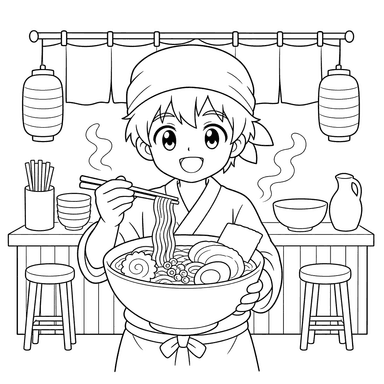 Chef anime na ramen — página para colorir