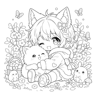 Personaje Chibi Anime abrazando a su mascota