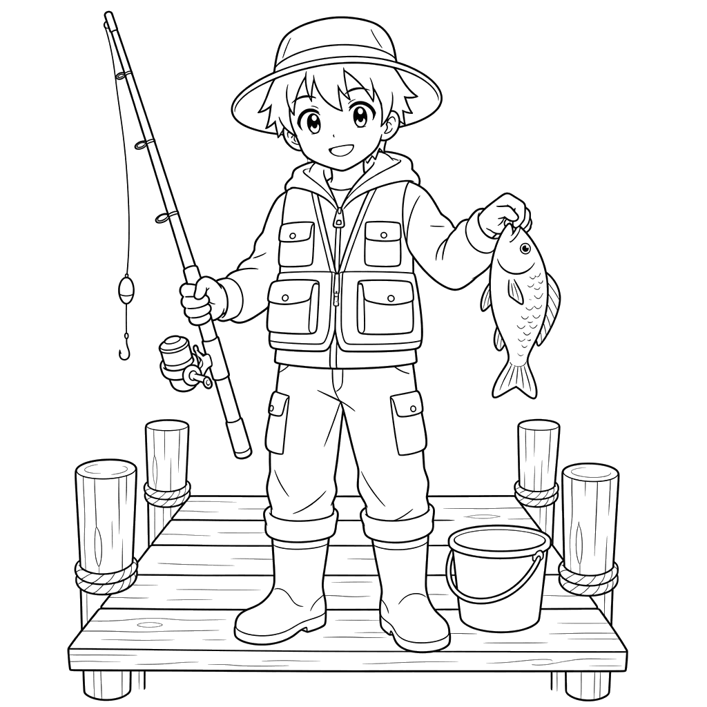 Anime-Fischer am Holzsteg
