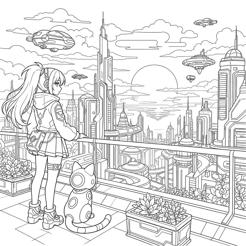 Ciudad futurista anime al atardecer