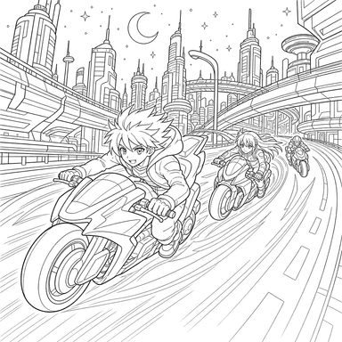 Anime-Zukunfts-Motorradrennen Ausmalbild