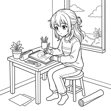 Dibujo para Colorear Chica Anime Artista
